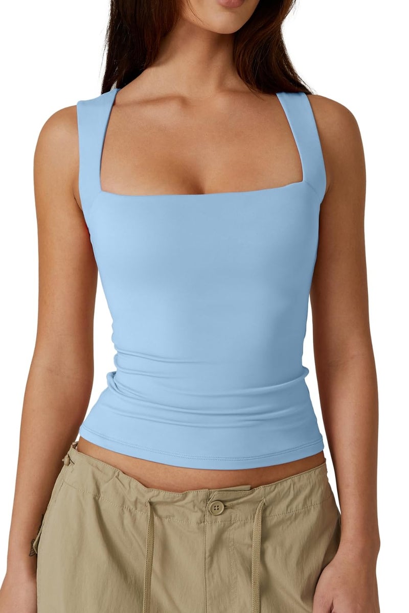 QINSEN Women's Square Neck Sleeveless Double-Layer Tank Tops Basic Tight T Shirts Blue L - Image 1