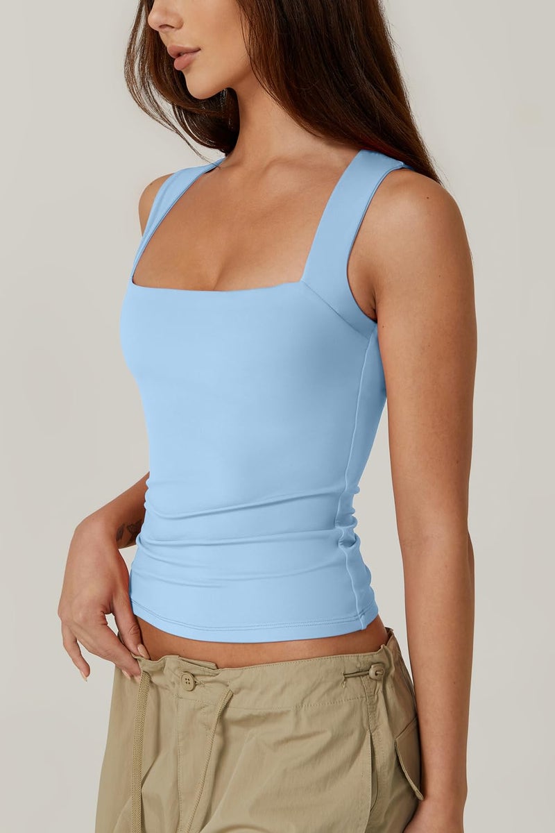 QINSEN Women's Square Neck Sleeveless Double-Layer Tank Tops Basic Tight T Shirts Blue L - Image 2