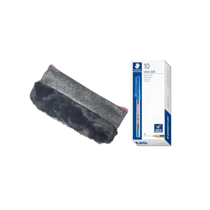 Fur And Glitter Pencil case - Black + Staedtler 430 Pack of 10 Blue pens