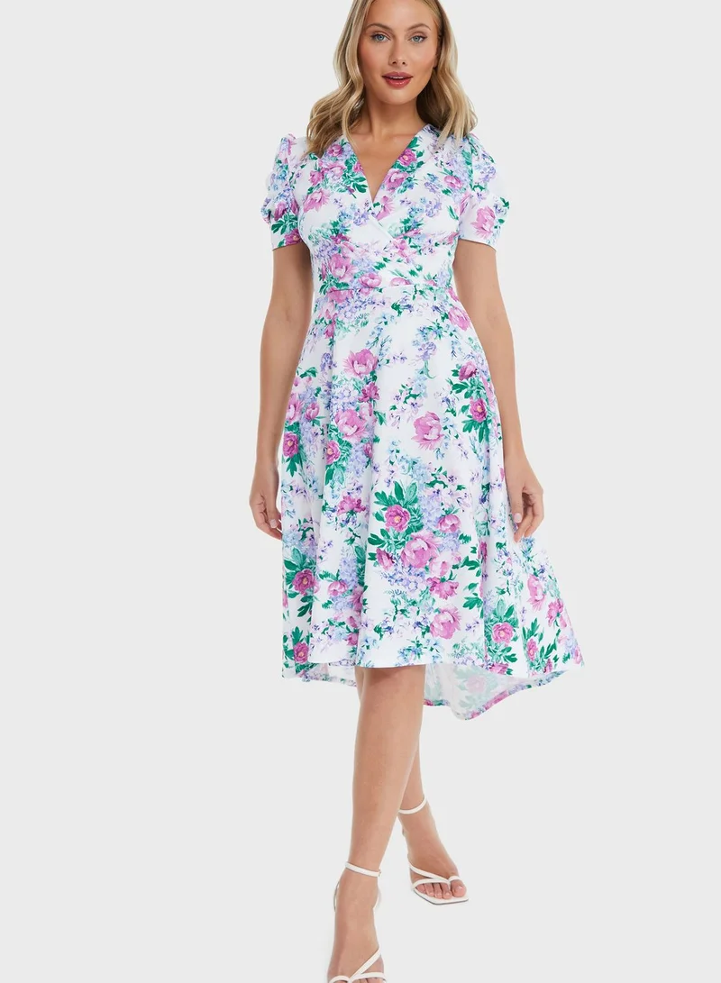 QUIZ Puff Sleeve Floral Printed Tiered Dress