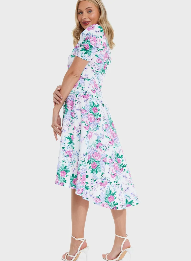 QUIZ Puff Sleeve Floral Printed Tiered Dress