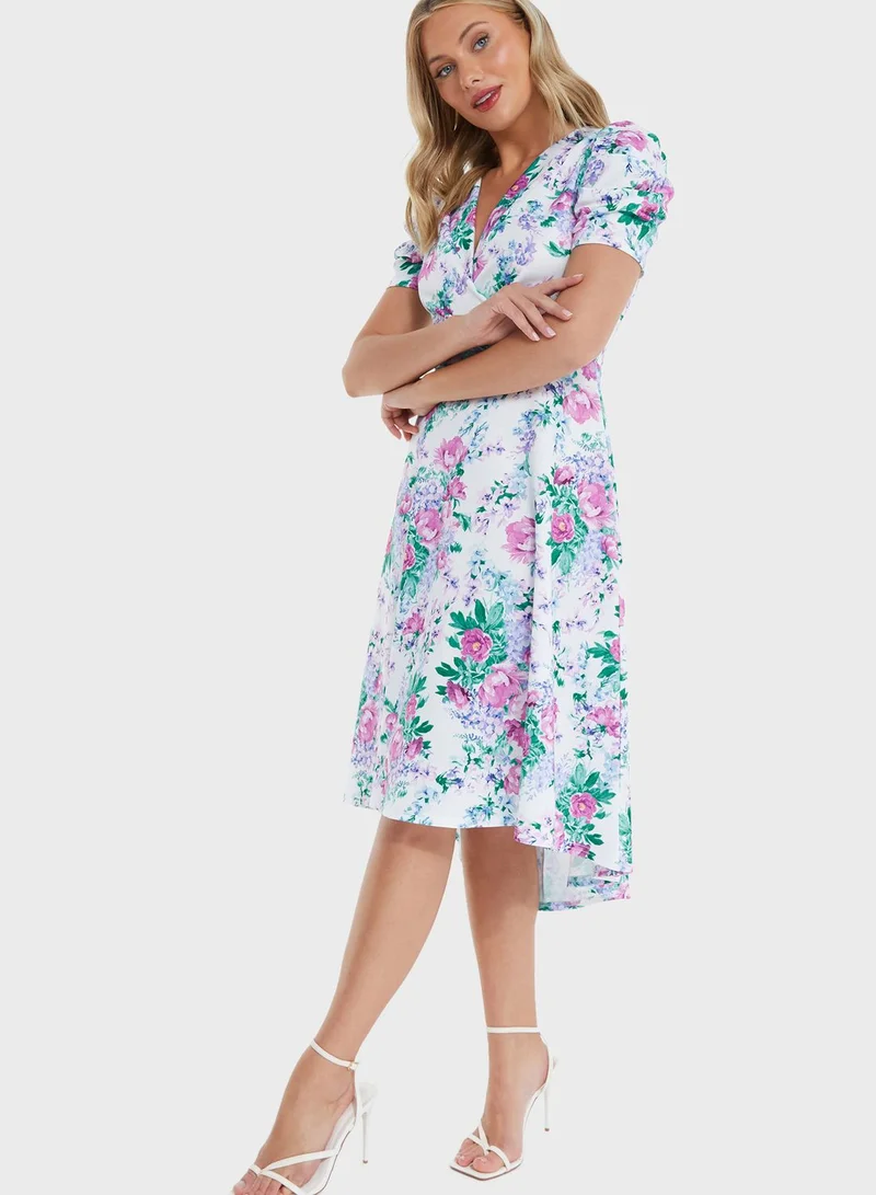 QUIZ Puff Sleeve Floral Printed Tiered Dress