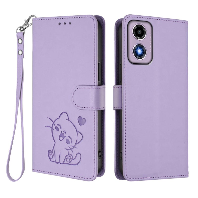 إيروريكس جراب هاتف من جلد القطة المنقوش مع حزام يد لهاتف Motorola Moto E14 4G / G04 4G (أرجواني فاتح) - Image 2