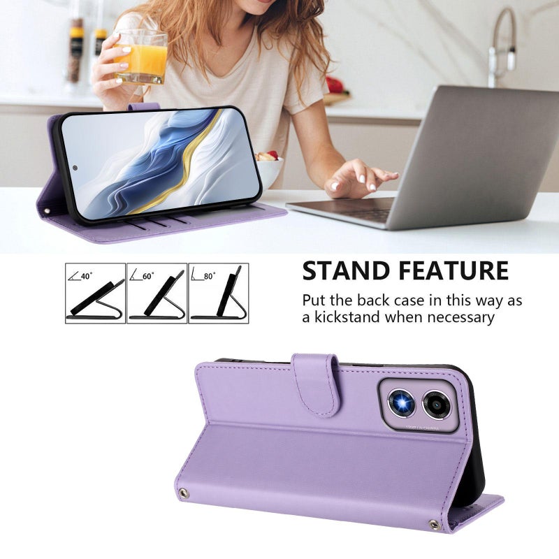 إيروريكس جراب هاتف من جلد القطة المنقوش مع حزام يد لهاتف Motorola Moto E14 4G / G04 4G (أرجواني فاتح) - Image 3