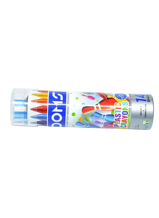 DOMS PLASTIC CRAYONS TIN PACK 14 SHADES (MINI HEX ERASER INSTEAD OF SHARPENER) - Image 2