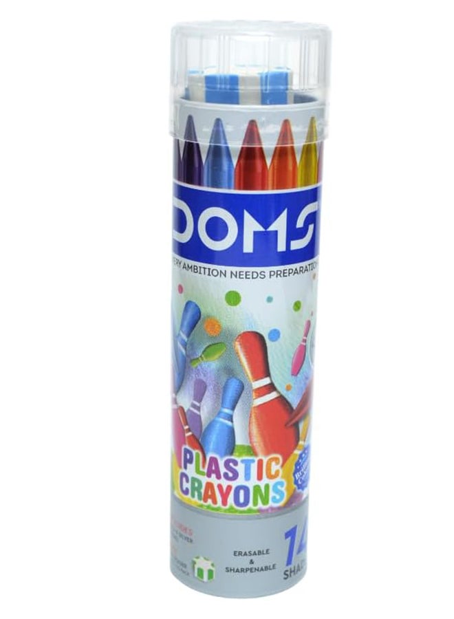 DOMS PLASTIC CRAYONS TIN PACK 14 SHADES (MINI HEX ERASER INSTEAD OF SHARPENER) - Image 1