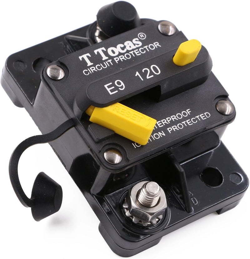 T Tocas Hi-Amp 120 Amp Circuit Breaker with Manual Reset,12V - 48V DC | Waterproof IP67 for Car Automotive Audio Boat RV Truck Solar Battery System | UL Certified - Image 1