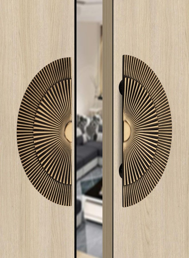 DEVDECOR Sunburst Brass Door Pull Handles for Double Doors - Antique Round Design with Radiating Lines - Elegant and Decorative Main Door Hardware - Image 1