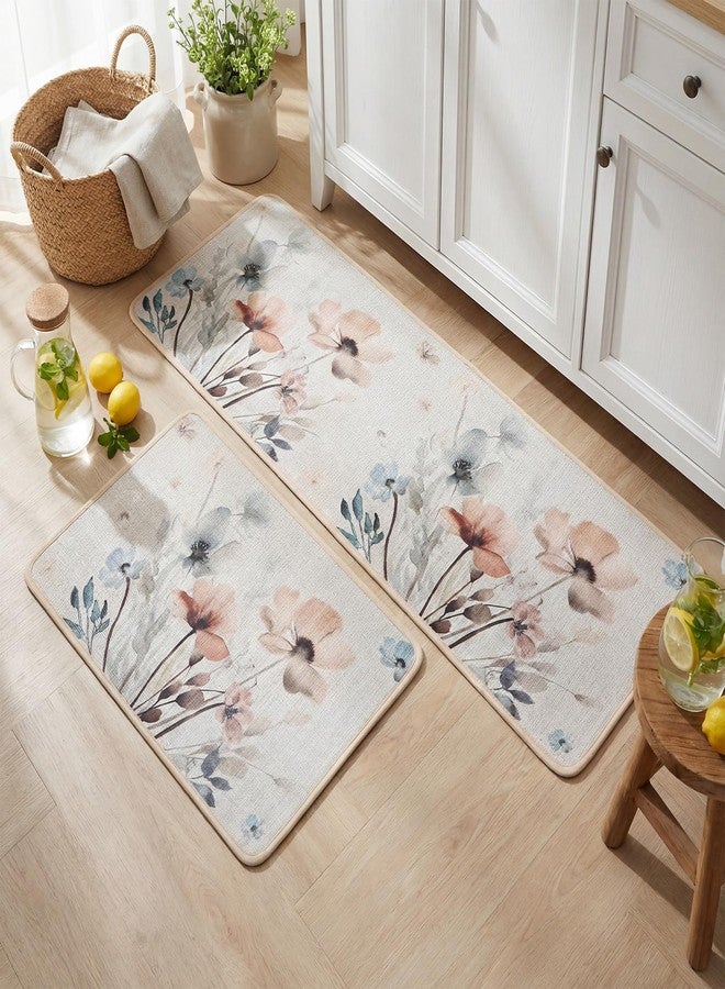 Tinideya Vintage Watercolor Floral Kitchen Mats Set of 2, Shabby Farmhouse Pastel Sink Rugs Runner 47"x16"+28"x16", Low Profile Washable Botanical Floor Mat for Indoor Floor Bathroom Entryway - Image 3