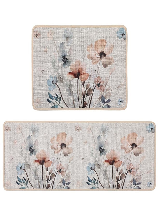 Tinideya Vintage Watercolor Floral Kitchen Mats Set of 2, Shabby Farmhouse Pastel Sink Rugs Runner 47"x16"+28"x16", Low Profile Washable Botanical Floor Mat for Indoor Floor Bathroom Entryway - Image 1