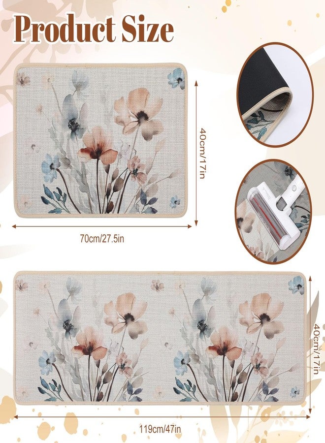Tinideya Vintage Watercolor Floral Kitchen Mats Set of 2, Shabby Farmhouse Pastel Sink Rugs Runner 47"x16"+28"x16", Low Profile Washable Botanical Floor Mat for Indoor Floor Bathroom Entryway - Image 2