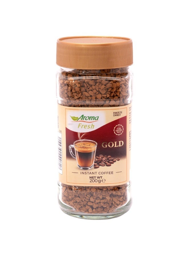 AROMA FRESH Gold 100% Pure Freeze Dried Instant Coffee Made from Premium Robusta Beans, Rich Aroma & Smooth Taste, Product of POLAND - 200g Jar
