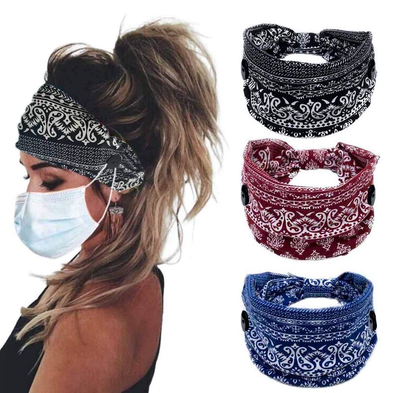 Bohend Boho Button Headband Wide Stretchy Daily Use Knotted Headwear Sport Athletic Yoga Gym Hair Accessories for Women and Girls(3pcs) (D)