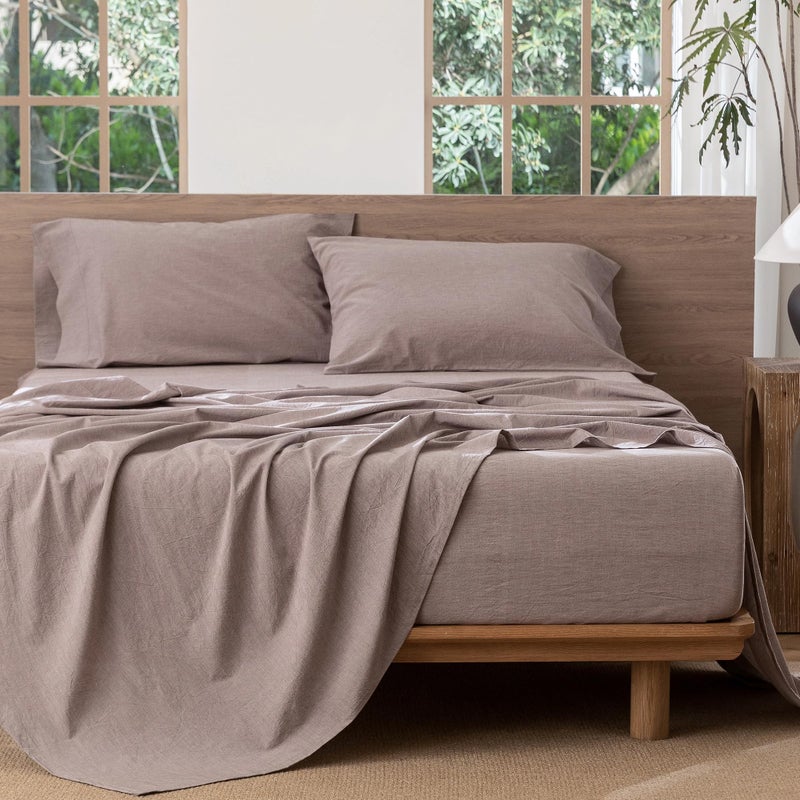 MooMee Bedding Sheet Set 100% Washed Cotton Linen Like Textured Breathable Durable Soft Comfy (Heathered Mauve Brown, California King) - Image 5