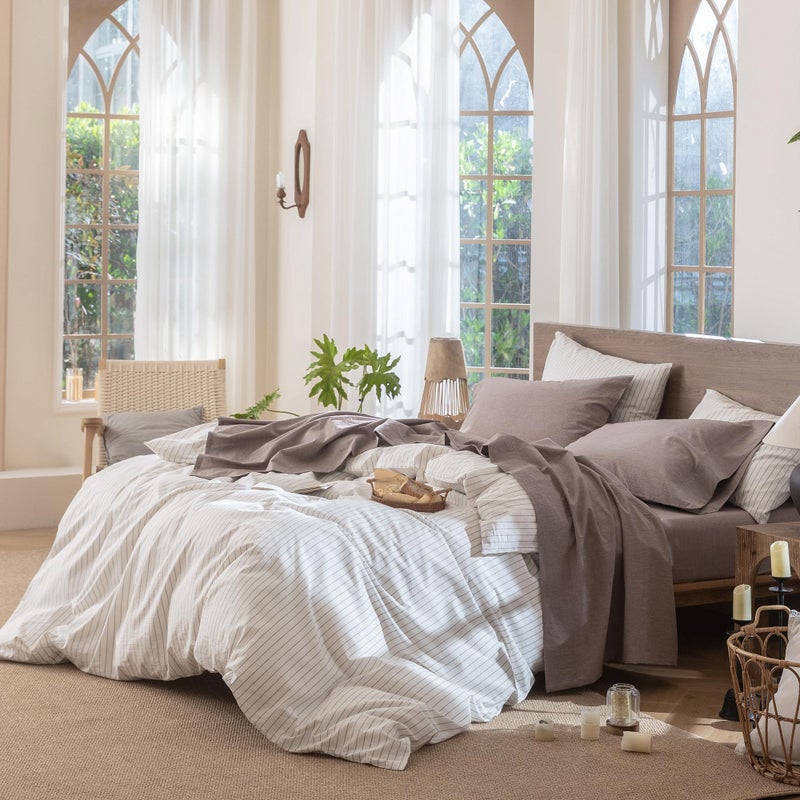 MooMee Bedding Sheet Set 100% Washed Cotton Linen Like Textured Breathable Durable Soft Comfy (Heathered Mauve Brown, California King) - Image 3