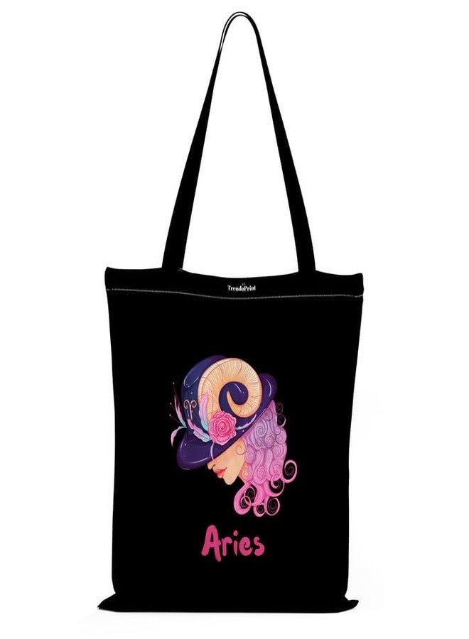 TrendoPrint Aries Zodiac Sign Canvas Tote Bag For Women, Tote Bag Aesthetic With Zipper, Washable Grocery Shopping & College Tote Bag - Image 1