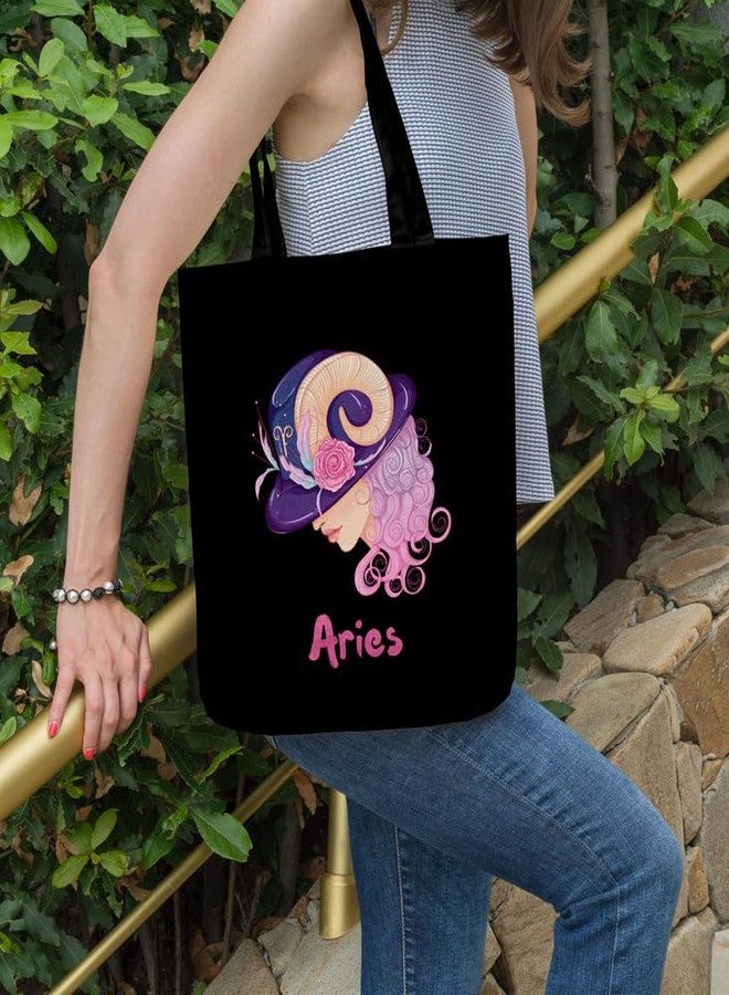TrendoPrint Aries Zodiac Sign Canvas Tote Bag For Women, Tote Bag Aesthetic With Zipper, Washable Grocery Shopping & College Tote Bag - Image 4