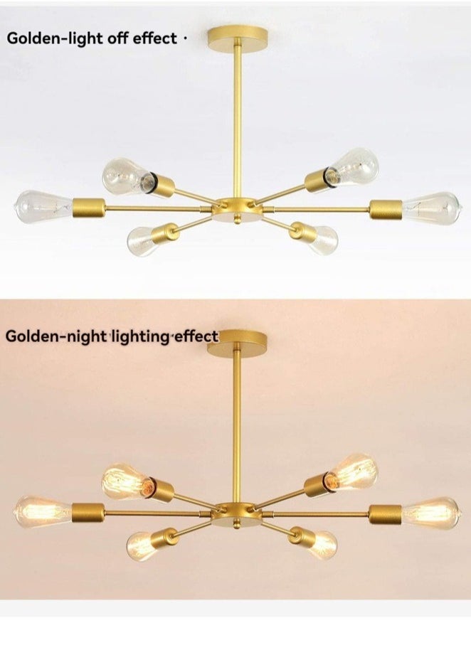 Haikomin - Mid Century Sputnik Chandelier 6-Lights, Industrial Semi Flush Mount Ceiling Light Fixture, Gold Modern Ceiling Lamp for Kitchen Farmhouse Dining Room Bedroom Foyer (Bulbs NOT Included) - Image 1