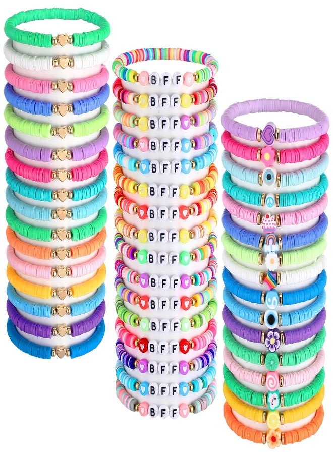 Jadive 48 Pcs Friendship Bracelet for Women Colorful BFF Heart Cute Clay Beads Stretch Bracelets Bulk Elastic Layering Stackable Boho Y2k Beaded Jewelry Set - Image 1