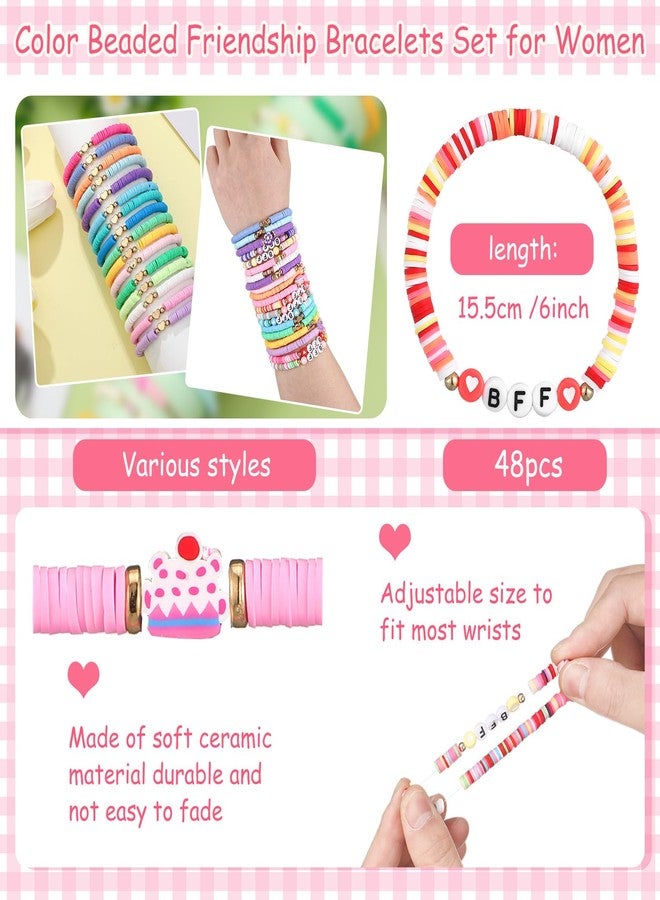 Jadive 48 Pcs Friendship Bracelet for Women Colorful BFF Heart Cute Clay Beads Stretch Bracelets Bulk Elastic Layering Stackable Boho Y2k Beaded Jewelry Set - Image 3