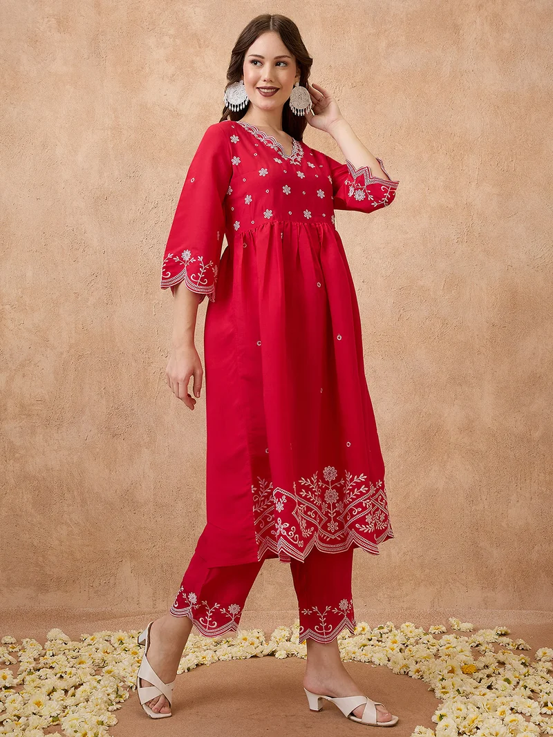 globus Women Floral Embroidered Work V-Neck Scalloped Hem A-Line Kurta With Pants Festive Set