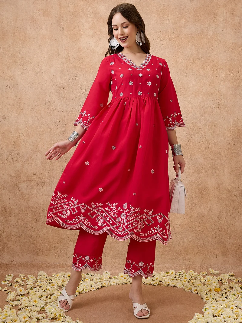 globus Women Floral Embroidered Work V-Neck Scalloped Hem A-Line Kurta With Pants Festive Set