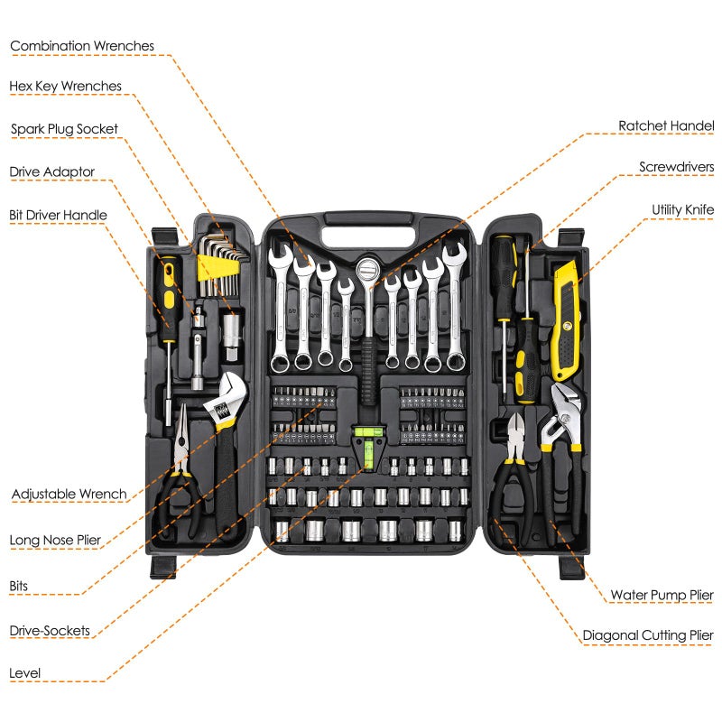 TLGREEN 95 Piece Tool Set, Tool Kit, Mechanics Tool Set, Portable Toolbox with Adjustable Wrench Pliers Socket Bits, with Plastic Toolbox Storage Case, for House Apartment Garage (Yellow) - Image 2