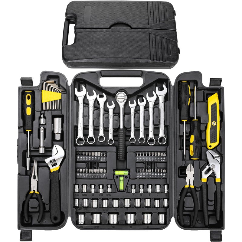 TLGREEN 95 Piece Tool Set, Tool Kit, Mechanics Tool Set, Portable Toolbox with Adjustable Wrench Pliers Socket Bits, with Plastic Toolbox Storage Case, for House Apartment Garage (Yellow) - Image 1