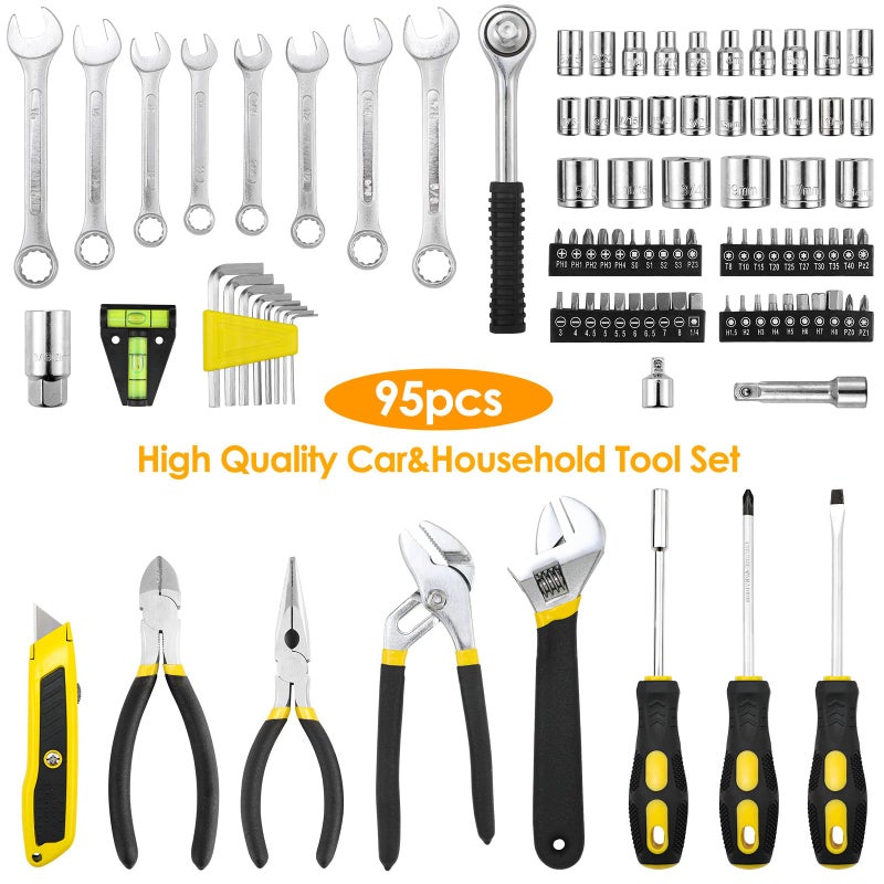 TLGREEN 95 Piece Tool Set, Tool Kit, Mechanics Tool Set, Portable Toolbox with Adjustable Wrench Pliers Socket Bits, with Plastic Toolbox Storage Case, for House Apartment Garage (Yellow) - Image 5