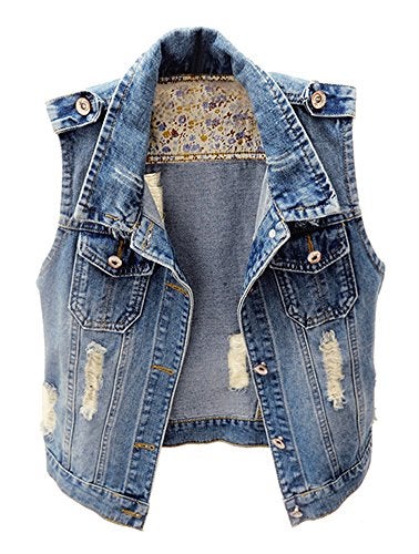 Kedera Womens Denim Jean Vest Classic Junior Button Up Cropped Distressed Sleeveless Jean Jacket - Image 1