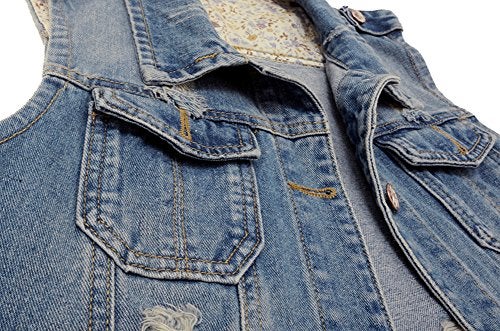 Kedera Womens Denim Jean Vest Classic Junior Button Up Cropped Distressed Sleeveless Jean Jacket - Image 4