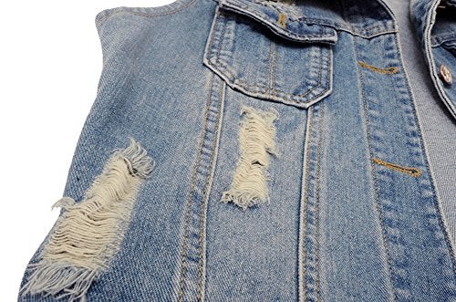 Kedera Womens Denim Jean Vest Classic Junior Button Up Cropped Distressed Sleeveless Jean Jacket - Image 5