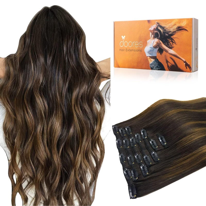 DOORES Clip in Hair Extensions Human Hair Extensions Balayage Dark Brown to Chestnut Brown 120g 7pcs 18 Inch Real Human Hair Extensions Clip in Straight Remy Silky Weft