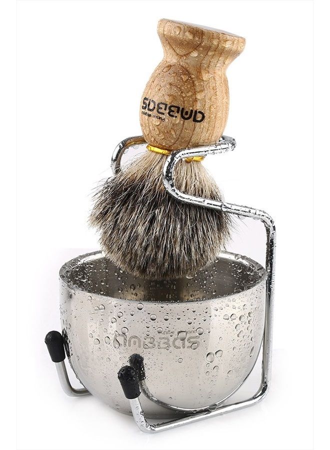 Anbbas Shaving Set, 3in1 Pure Badger Hair Shaving Brush Natural Solid Wood Handle and Stainless Steel Shaving Stand with Shaving Bowl Dia 3.2 inches for Men Wet Shaving by Anbbas - Image 1