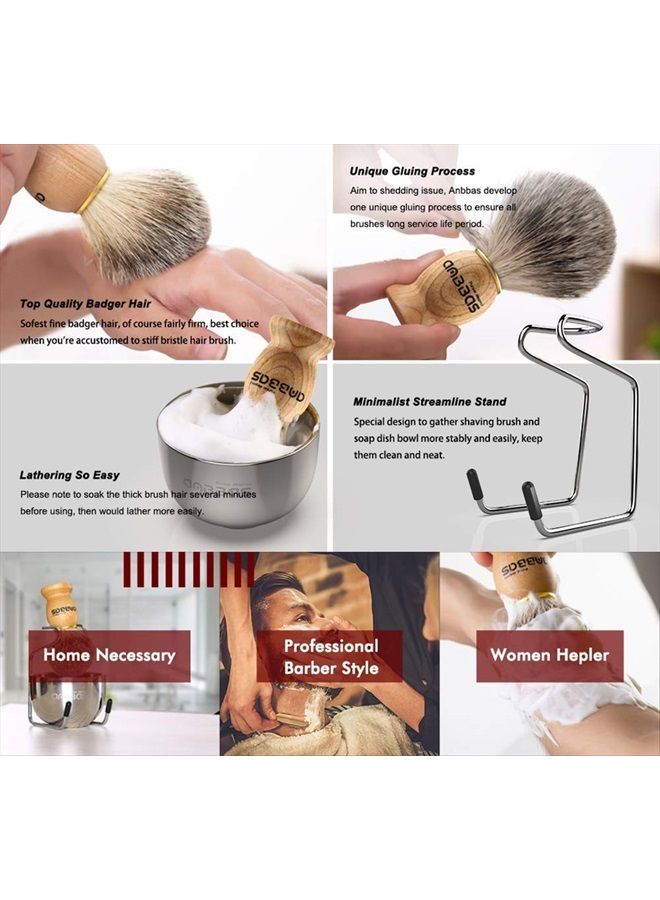 Anbbas Shaving Set, 3in1 Pure Badger Hair Shaving Brush Natural Solid Wood Handle and Stainless Steel Shaving Stand with Shaving Bowl Dia 3.2 inches for Men Wet Shaving by Anbbas - Image 3