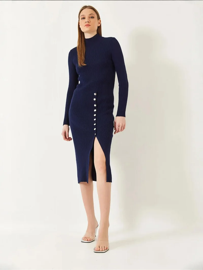 بيانكو لوتشي فستان ميدي محبوك بياقة عالية مضلع من لوكسي