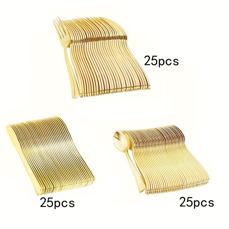 A Set Of 75 Golden Plastic Utensils 25 Knives 25 Forks And 25 Spoons For Salads Desserts Cakes Pasta Birthday Weddings Holiday Party Graduation Team Building Events - Image 1