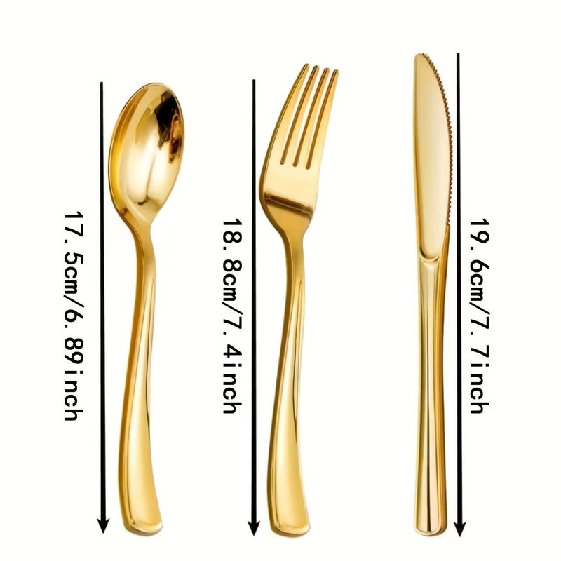 A Set Of 75 Golden Plastic Utensils 25 Knives 25 Forks And 25 Spoons For Salads Desserts Cakes Pasta Birthday Weddings Holiday Party Graduation Team Building Events - Image 3