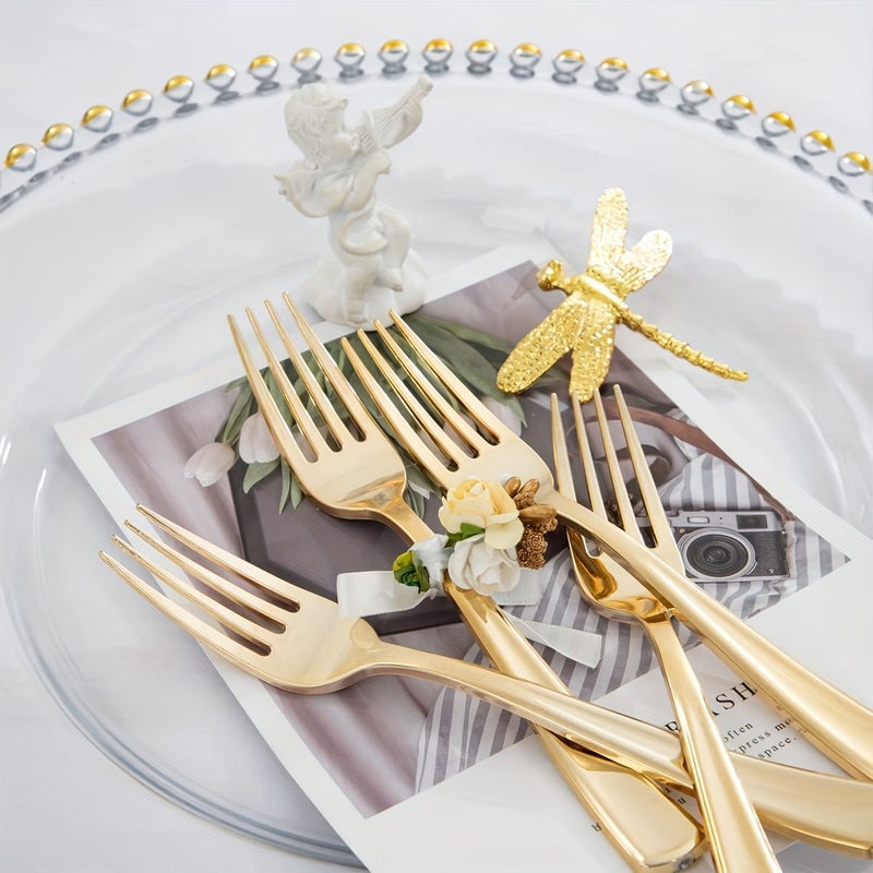 A Set Of 75 Golden Plastic Utensils 25 Knives 25 Forks And 25 Spoons For Salads Desserts Cakes Pasta Birthday Weddings Holiday Party Graduation Team Building Events - Image 2
