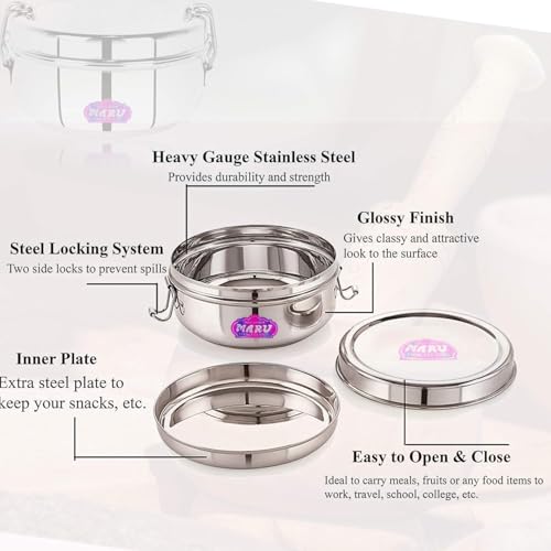 MARU Steel Tiffin Box for School/Office 400ml, Airtight Lunch Containers with Compartments & Small Partiton Plate, Easy to Carry & Clean, Perfect for Men, Women & Kids for Daily Use & Multipurpose - Image 3