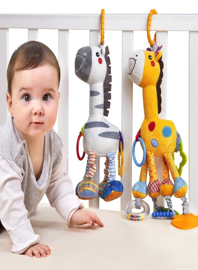 TUMAMA Hanging Toys, 16 inch Plush Animals Baby Rattle, Car Seat Stroller Toys, 2 Pack, Newborn - 12 Months, 2 x Plush Animal Hanging Toys (Giraffe, Zebra), Rings, Built-in Rattles and Crinkles - Image 1