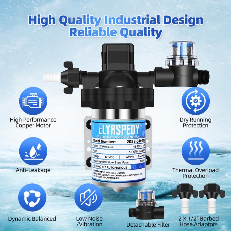 Elyaspedy 2026 Upgraded 2088-554-144/2088-403-144 RV Fresh Water Pump,12V 3.5GPM Self-Priming Diaphragm Water Pump,45PSI,Includes Pressure Switch and Detachable Filters,No Noise, for RV, Marine, Yacht, Caravan - Image 4