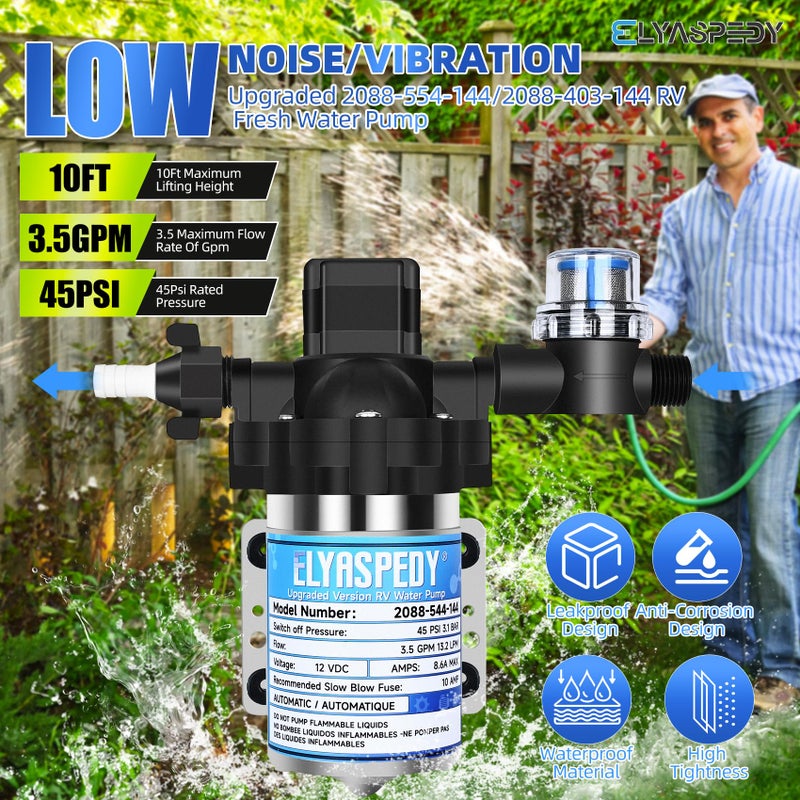 Elyaspedy 2026 Upgraded 2088-554-144/2088-403-144 RV Fresh Water Pump,12V 3.5GPM Self-Priming Diaphragm Water Pump,45PSI,Includes Pressure Switch and Detachable Filters,No Noise, for RV, Marine, Yacht, Caravan - Image 3
