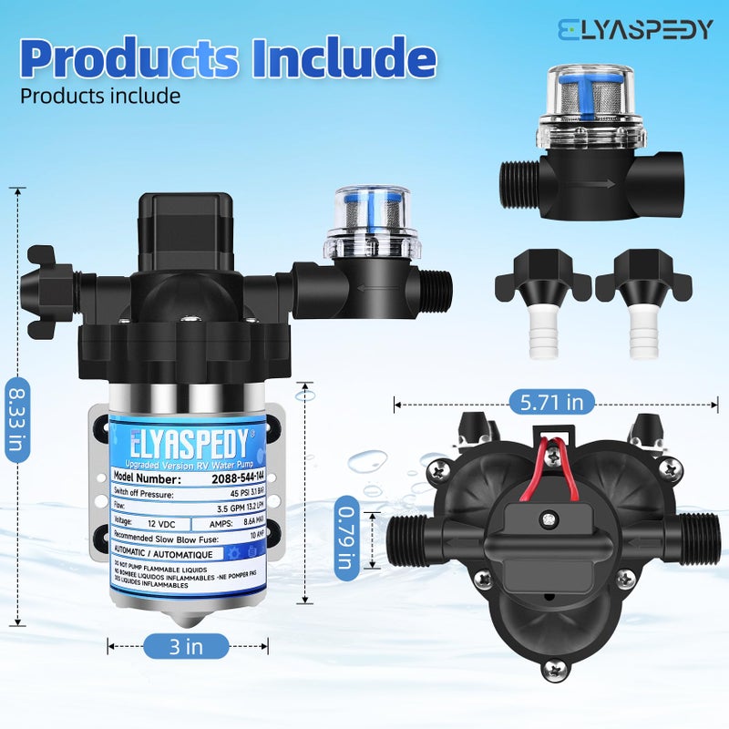 Elyaspedy 2026 Upgraded 2088-554-144/2088-403-144 RV Fresh Water Pump,12V 3.5GPM Self-Priming Diaphragm Water Pump,45PSI,Includes Pressure Switch and Detachable Filters,No Noise, for RV, Marine, Yacht, Caravan - Image 2