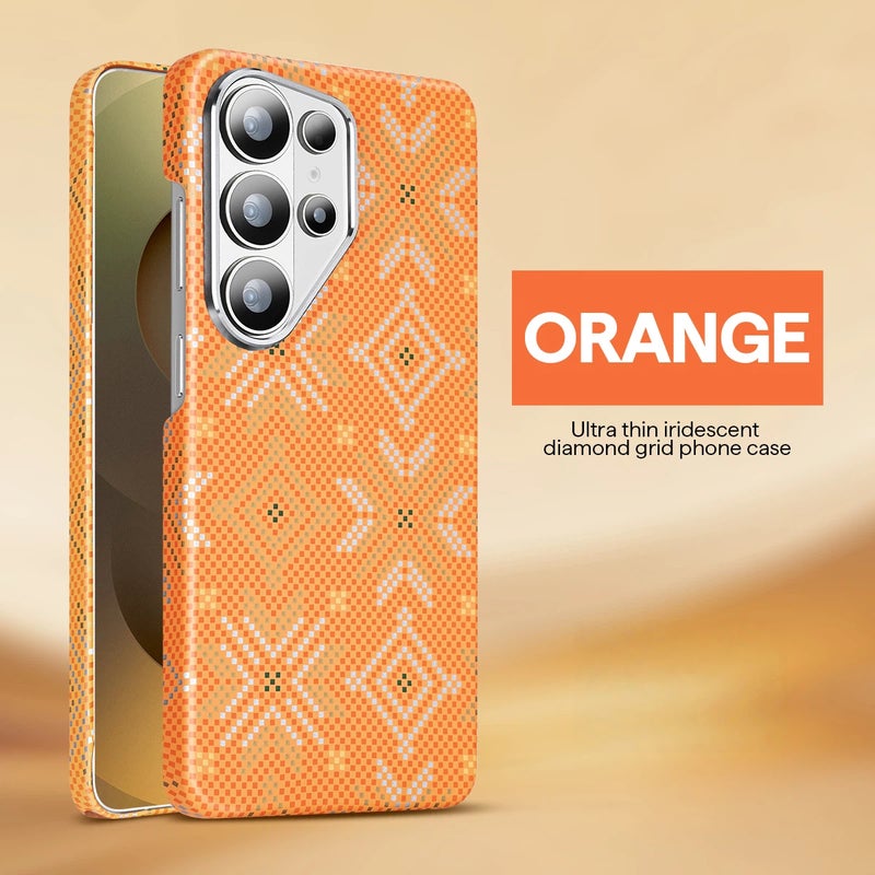 For Samsung Galaxy S26 Ultra,Magnetic Phone Case, Ultra-thin Hard PC, Iridescent Diamond Grid Pattern, Lens Anti-scratch Protection (Orange) - Image 1