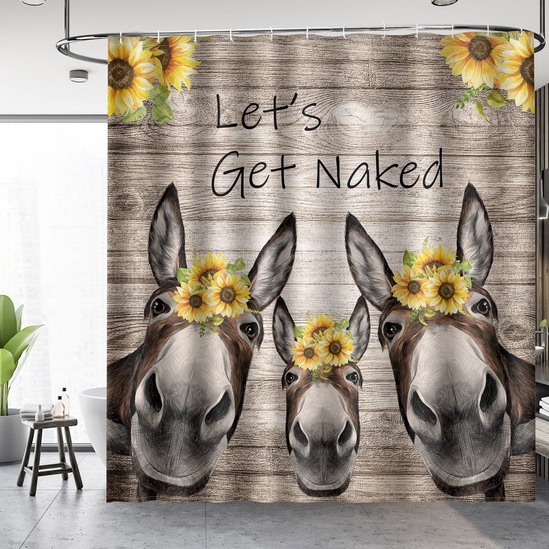 Aimego Donkey Sunflower Shower Curtain Farm Animal with Sunflower Wooden Rustic Country Farmhouse Shower Curtain Set with 12 Hooks for Bathroom Decor Accessories Bathtub Curtain, 72"x72" - Image 2