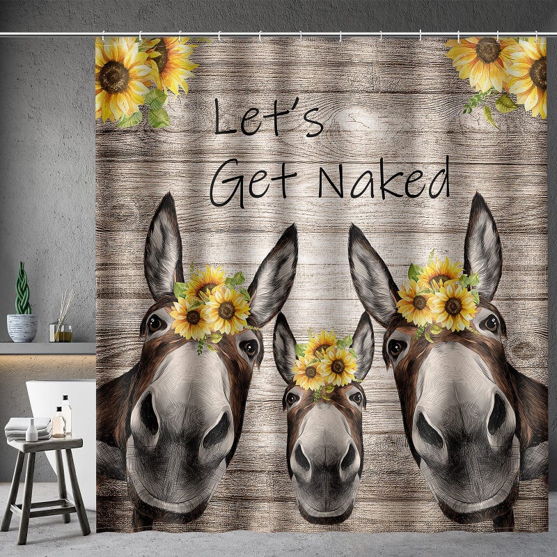 Aimego Donkey Sunflower Shower Curtain Farm Animal with Sunflower Wooden Rustic Country Farmhouse Shower Curtain Set with 12 Hooks for Bathroom Decor Accessories Bathtub Curtain, 72"x72" - Image 1
