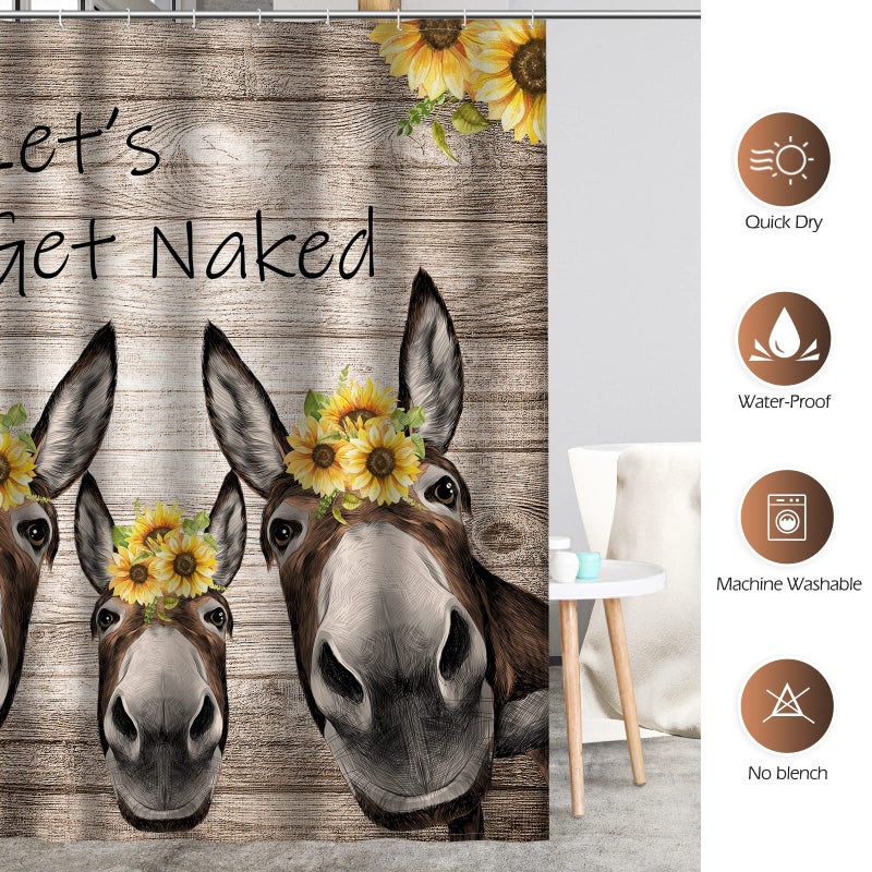Aimego Donkey Sunflower Shower Curtain Farm Animal with Sunflower Wooden Rustic Country Farmhouse Shower Curtain Set with 12 Hooks for Bathroom Decor Accessories Bathtub Curtain, 72"x72" - Image 5