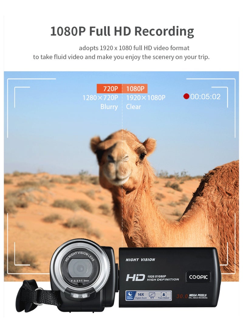 Coopic - COOPIC V1000 3’’ TFT Anti-Shake Full HD 1080P Digital Video Camera | 30MP Photo, 16X Zoom, Night Vision, Compatible with Windows XP/7/8/10 for Vlogging and Content Creation - 270° Screen Rotation - Image 1