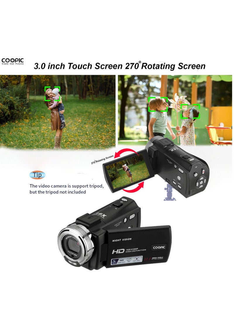 Coopic - COOPIC V1000 3’’ TFT Anti-Shake Full HD 1080P Digital Video Camera | 30MP Photo, 16X Zoom, Night Vision, Compatible with Windows XP/7/8/10 for Vlogging and Content Creation - 270° Screen Rotation - Image 1